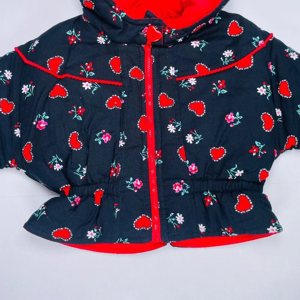 Vintage Baby Girls Black + Red Heart + Floral Print Winter Puffer Coat 12m